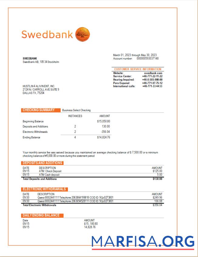 Downloadable Swedbank business checking account statement Word and PDF template